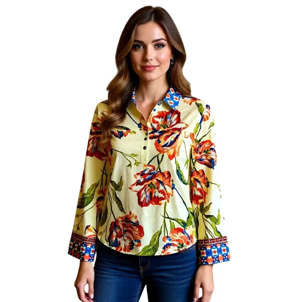 Figueroa & Flower Floral Tie Front Blouse‎ Yellow Orange Blue Small NWT